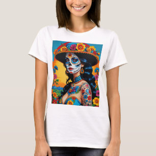 Camiseta Colorido Día del Tee de Arte de Cráneo Floral Muer