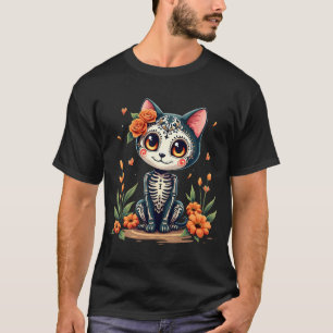 Camiseta Colorido Gato de Azúcar Skull Tee Halloween Mexica