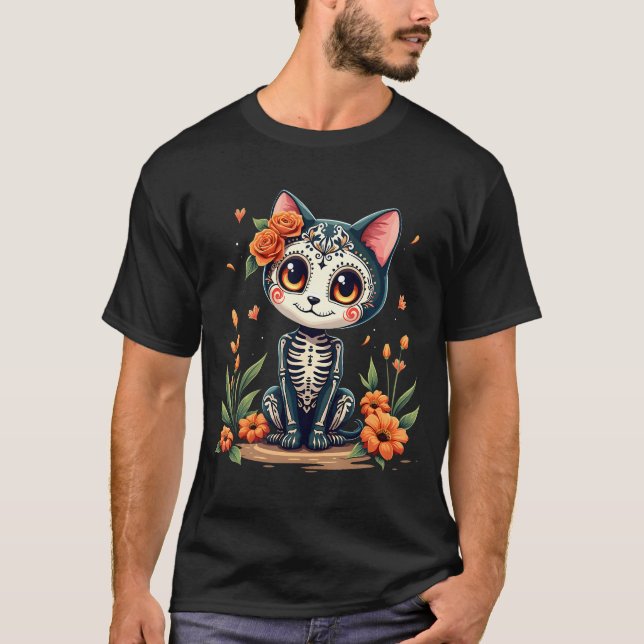 Camiseta Colorido Gato de Azúcar Skull Tee Halloween Mexica (Anverso)