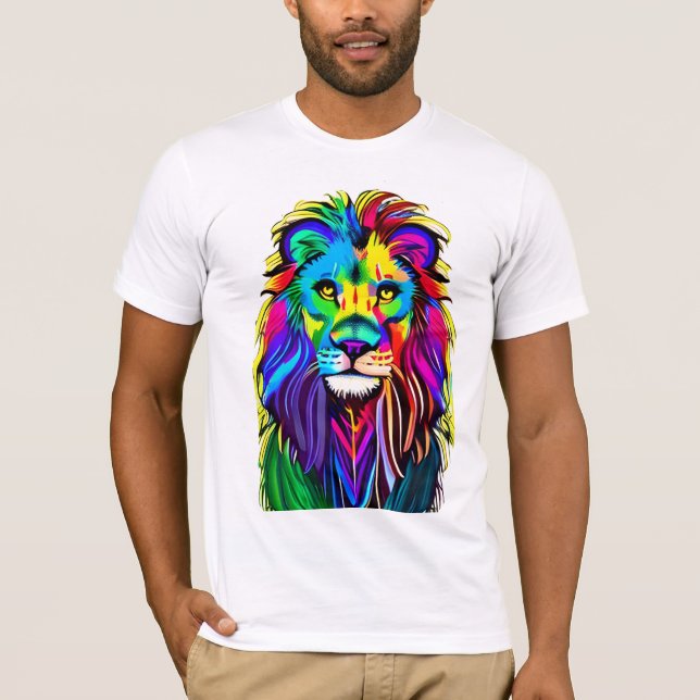 Camiseta Colorido León Enfrenta Mística Fantasía Arte (Anverso)