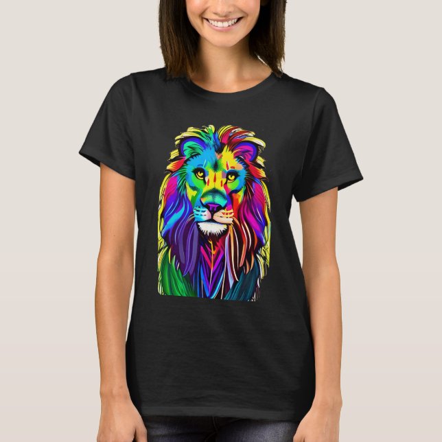 Camiseta Colorido León Enfrenta Mística Fantasía Arte (Anverso)