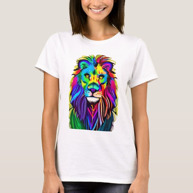 Camiseta Colorido León Enfrenta Mística Fantasía Arte (Anverso)