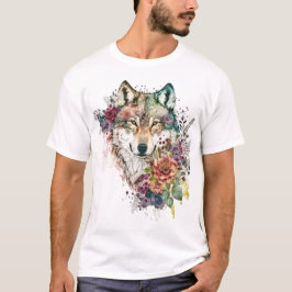Camiseta Colorido lobo y florals acuarela en la naturaleza