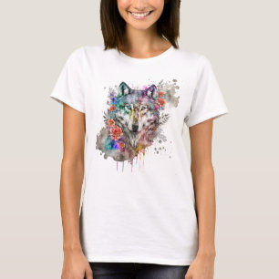 Camiseta Colorido lobo y florals acuarela en la naturaleza