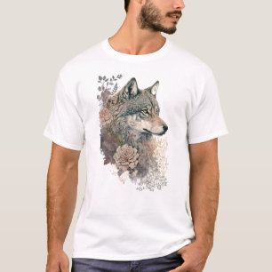 Camiseta Colorido lobo y florals acuarela en la naturaleza