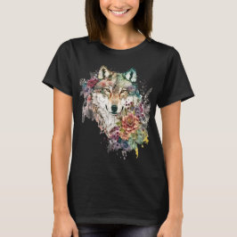 Camiseta Colorido lobo y florals acuarela en la naturaleza