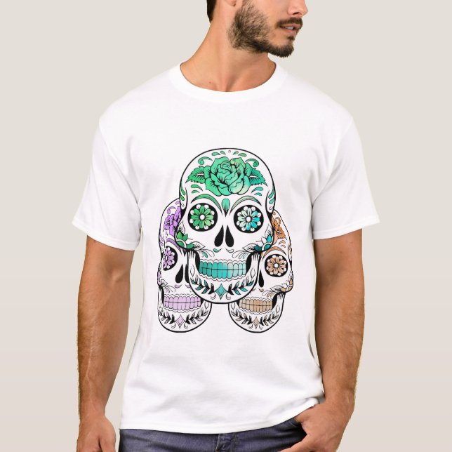 Camiseta Colorido Spooky Sugar Skulls Halloween (Anverso)