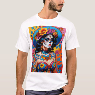 Camiseta Colorido Sugar Skull Art T Shirt Vintage Estética