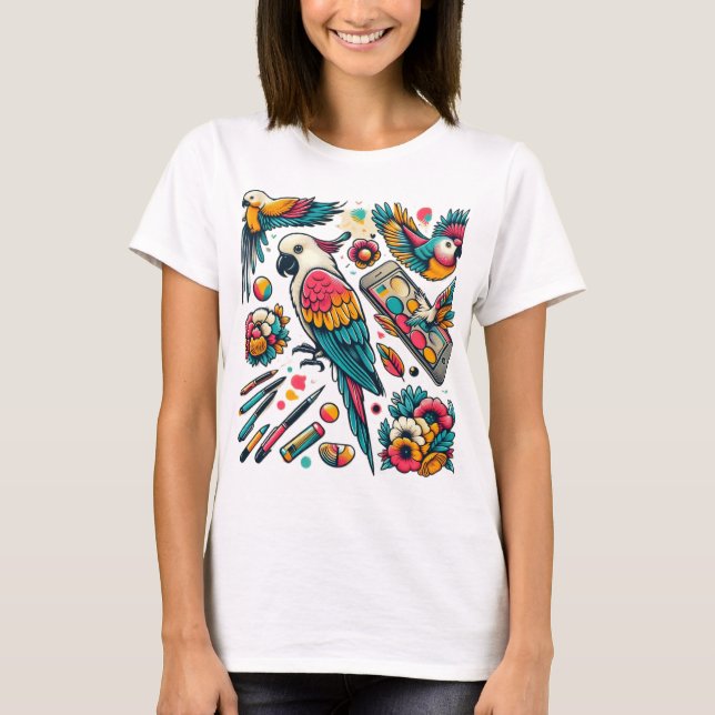 Camiseta Coloridos loros Arte Tropical (Anverso)