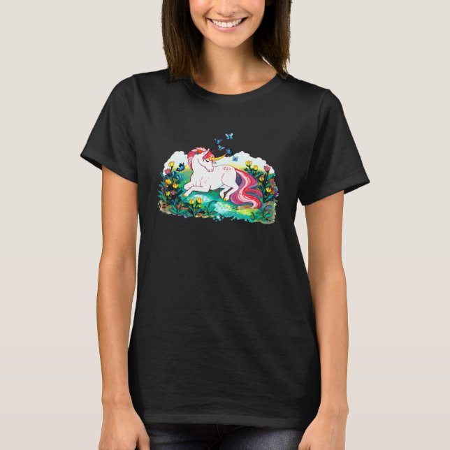 Camiseta Colourful unicorn lying on a flower filled area (Anverso)