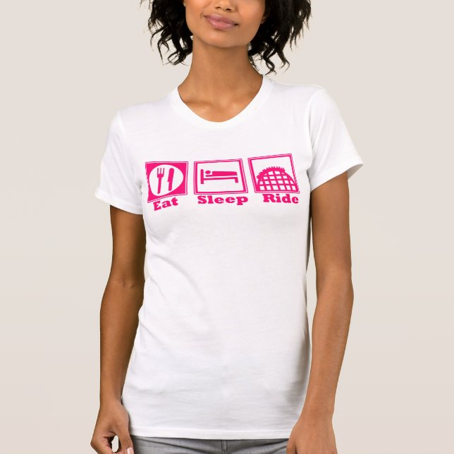 Camiseta Coma, duerme y viaja (ruedas) - Tanque rosa (Anverso)