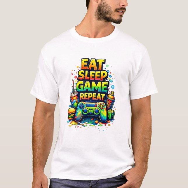 Camiseta Come Juega Duerme Repite – Estilo de Vida de Gamer (Anverso)