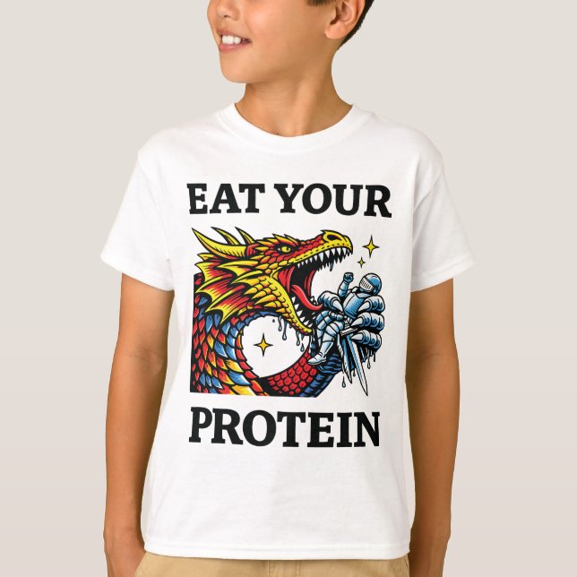 Camiseta Come Proteínas – Caballero Épico que Come Dragones (Anverso)