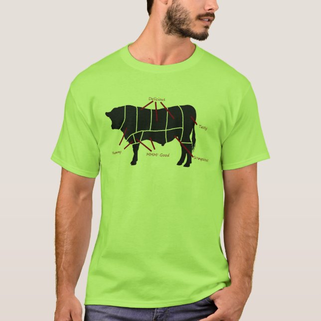 Camiseta ¡Comedor de la carne de vaca! Cortes sabrosos que (Anverso)