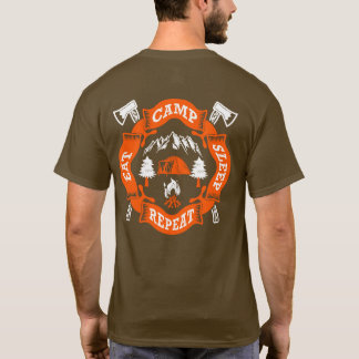 Camiseta Comer Campamento Dormir Repetir Fuego Hachas Cruza