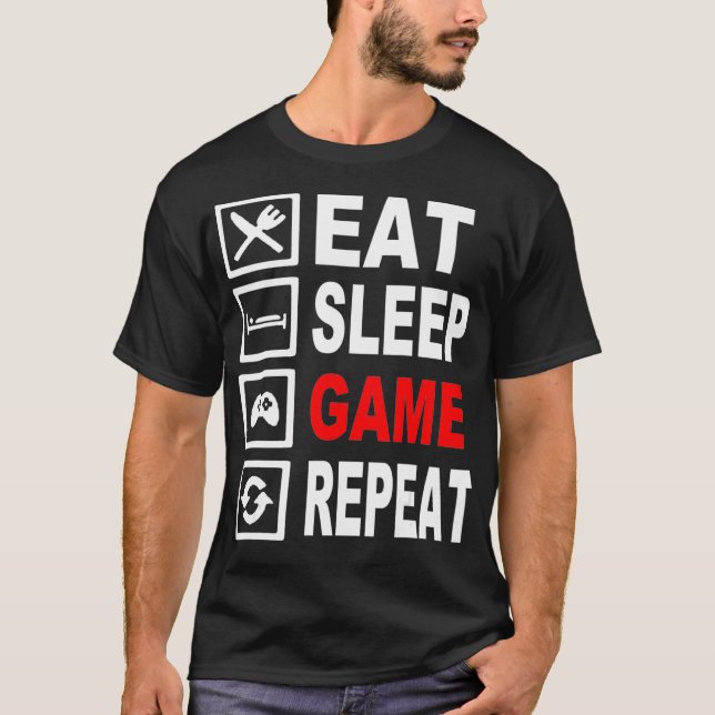 Camiseta Comer divertida partida de sueño repetir T para vi (Anverso)