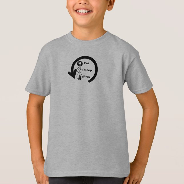Camiseta comer dormir orar repetir (Anverso)