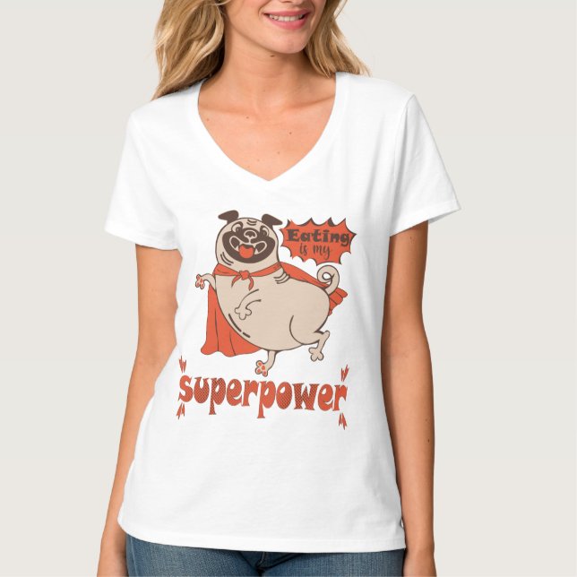 Camiseta Comer es mi sobrenombre rojo cloak pug estilo cómi (Anverso)