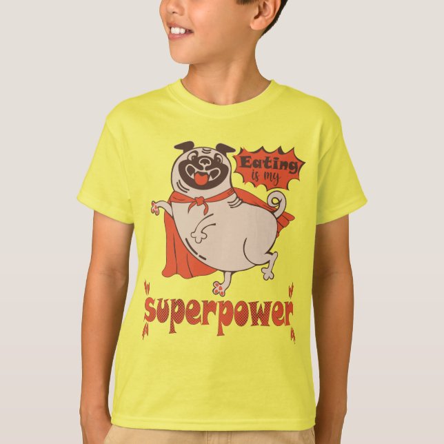 Camiseta Comer es mi sobrenombre rojo cloak pug estilo cómi (Anverso)