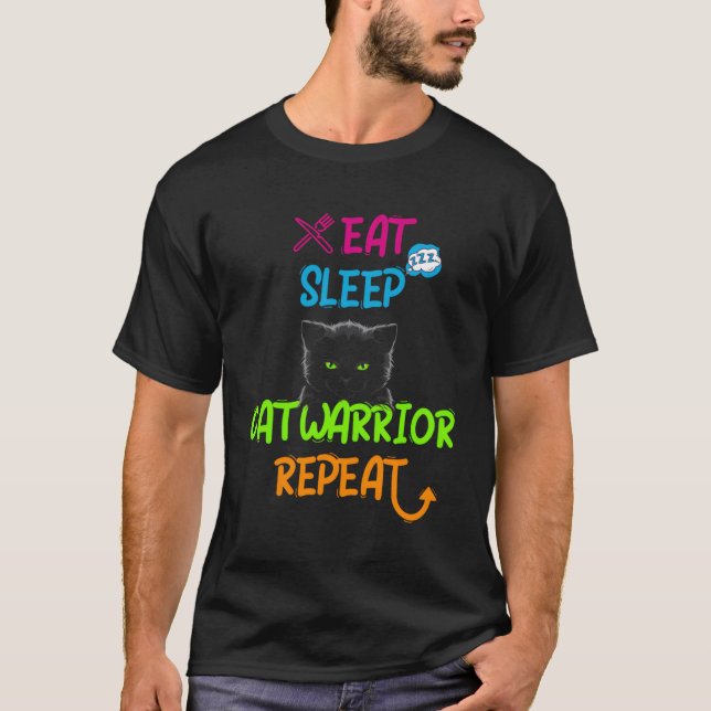 Camiseta Comer Gato Sleep Warrior Repetir Gato (Anverso)