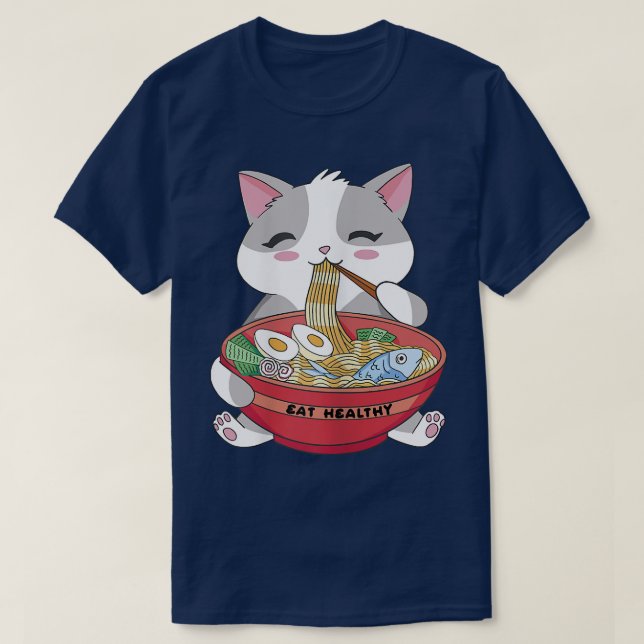 Camiseta Comer saludable Ramen Gracioso Gato Kitty  (Diseño del anverso)