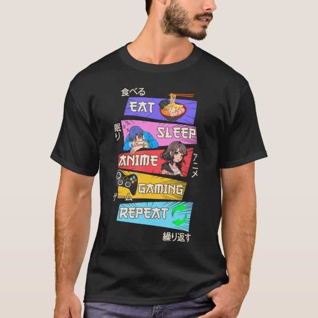 Camiseta Comer Sleep Anime Gaming Repetir Otaku Gamer japon (Anverso)