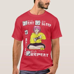 Camiseta Comer Sleep Anime Repetir juego de video Chica Jap