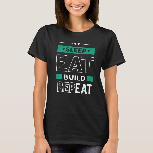 Camiseta Comer Sleep Build Repetir bloques de construcción  (Anverso)