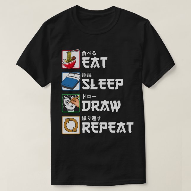 Camiseta Comer Sleep Draw Repetir dibujo japonés (Diseño del anverso)