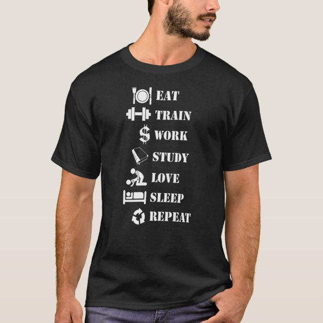 Camiseta Comer Tren Estudio de Trabajo Amor Sueño Repetir V (Anverso)