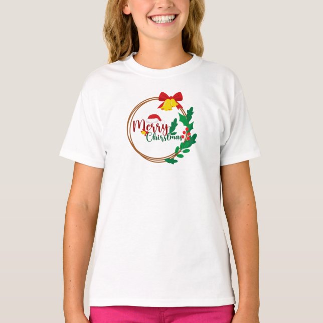 Camiseta Comfort Colors® Girls Merry Christmas Wreath Tee  (Anverso)