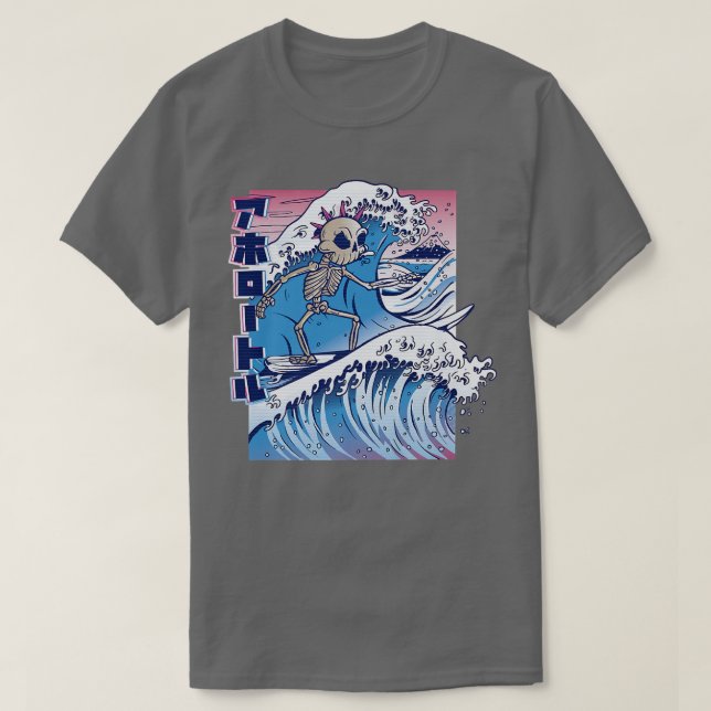 Camiseta Comic Japonés Skeleton Surfing On Wave In Ocean  (Diseño del anverso)