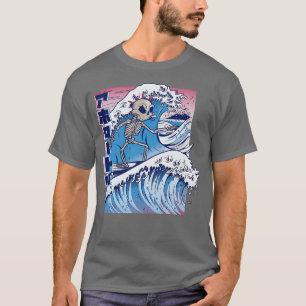 Camiseta Comic Japonés Skeleton Surfing On Wave In Ocean