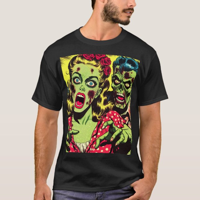Camiseta Comics retro de parejas zombi (Anverso)
