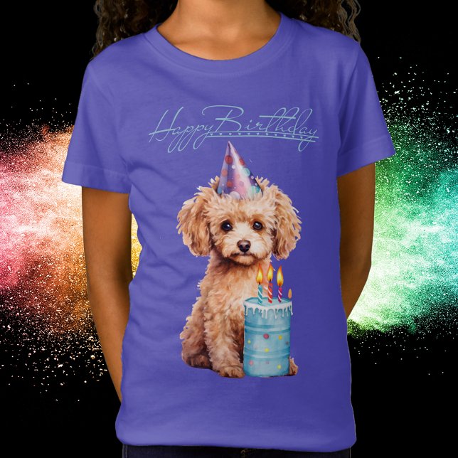 Camiseta Comodle de cumpleaños feliz con Gorra Fiesta y pas (Happy Birthday Poodle with Party Hat & Bday Cake T-Shirt)