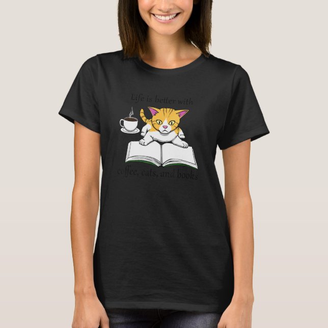 Camiseta Cómodo Libro Leyendo Café Y Gatos (Anverso)