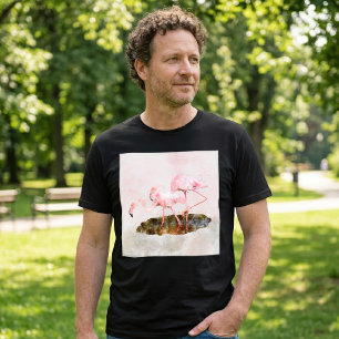 Camiseta Compañerismo de Flamingos Rosas en Arte de Acuarel