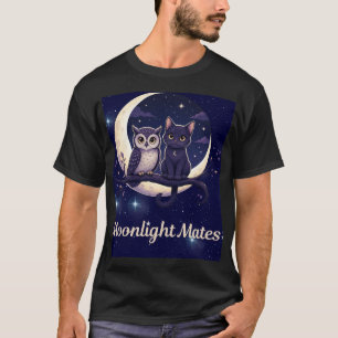Camiseta Compañeros de luz de luna Gato negro lindo y búho
