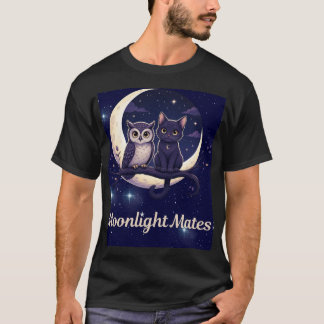 Camiseta Compañeros de luz de luna Gato negro lindo y búho 