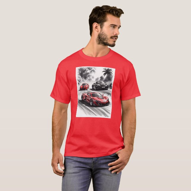 Camiseta Competencia de coches, fondo blanco negro (Anverso completo)
