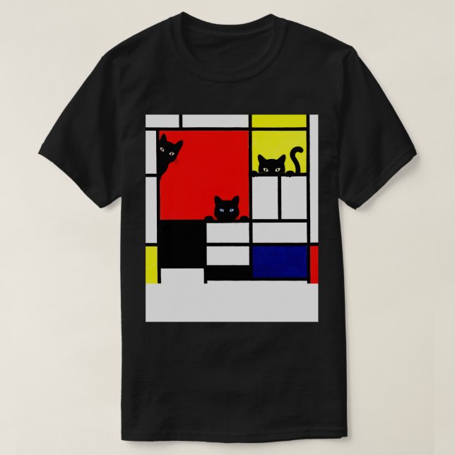 Camiseta Composición de gatos mondrianos con azul amarillo  (Diseño del anverso)