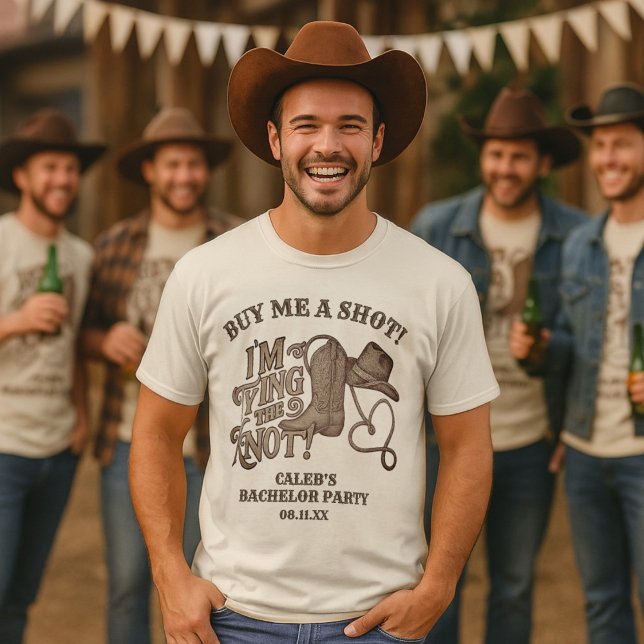 Camiseta Cómprame un Vaquero de Fiesta de Soltero con Nudo  (For the Groom! Buy that man a shot! AI-generated models used in mockup imagery.)
