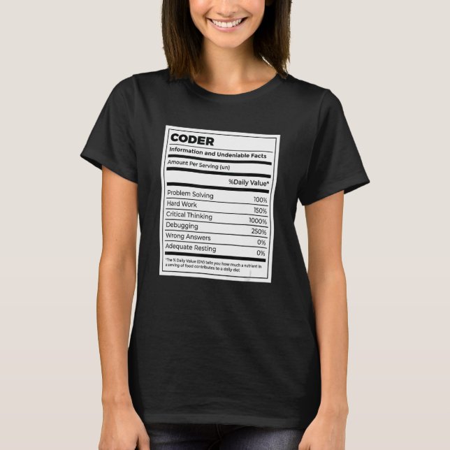 Camiseta Computadora programadora Coder Nutrition Facts (Anverso)