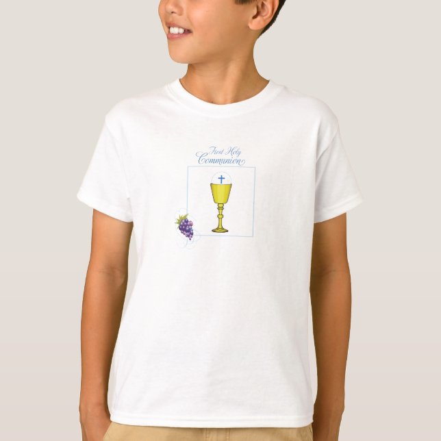 Camiseta Comunión del niño primero, cáliz con huésped y uva (Anverso)