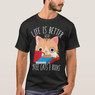 Camiseta Con Café Gatos Y Libros Bibliófilo