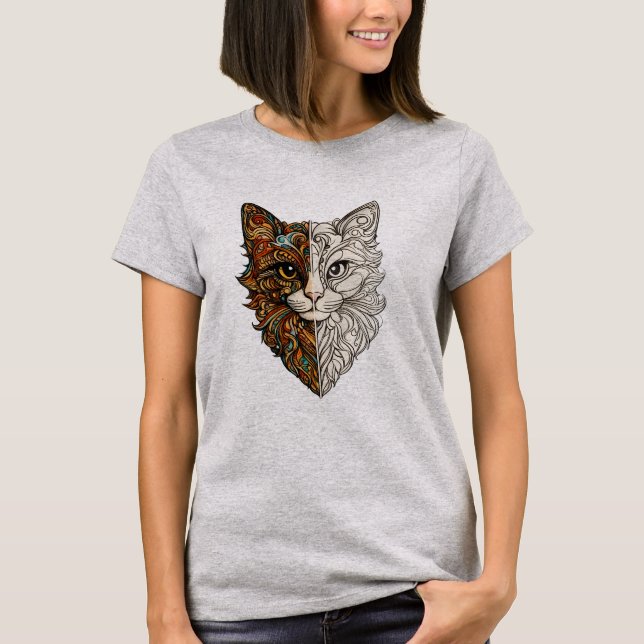 Camiseta con cara de gato floral artística de mand (Anverso)