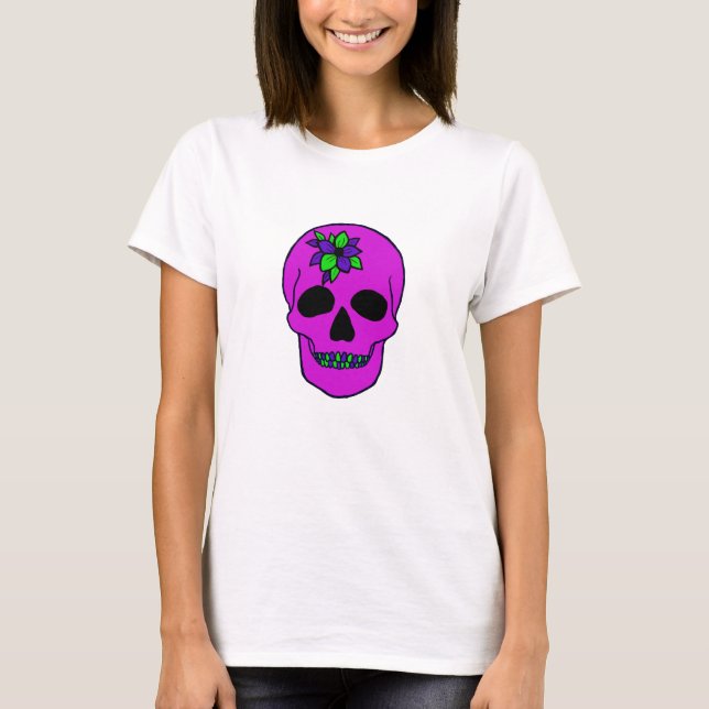 Camiseta con cráneo rosa y flor (Anverso)