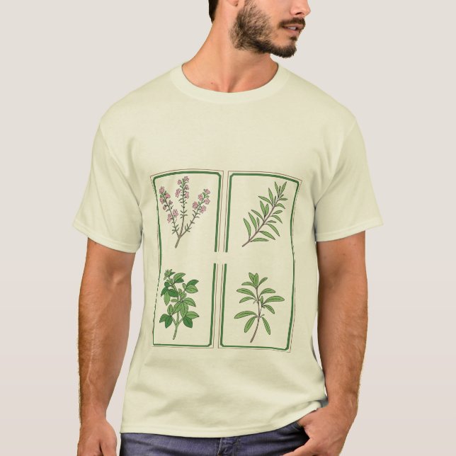 Camiseta con dibujo de jardín de hierbas botánicas (Anverso)