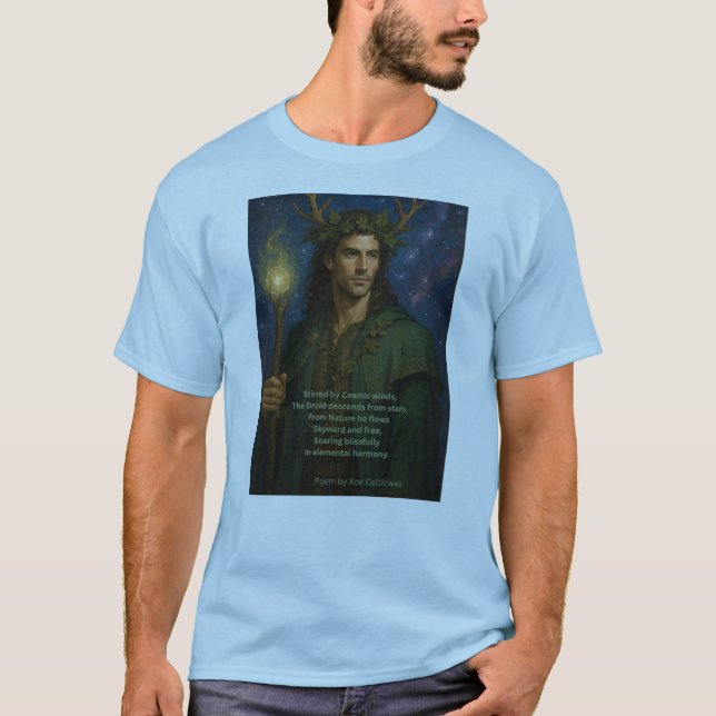 Camiseta con druida y poema de Xoe Celticwell (Anverso)