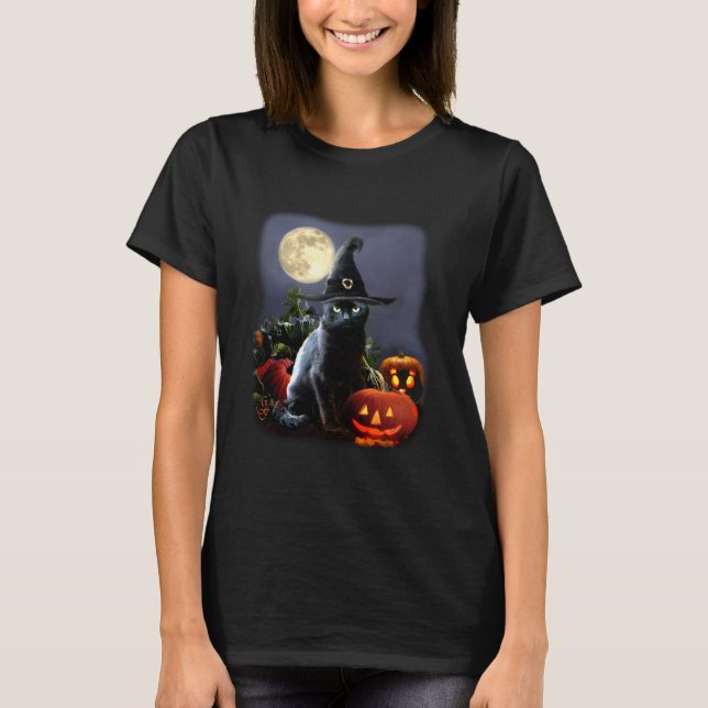 Camiseta con el gato y las calabazas de Halloween (Anverso)
